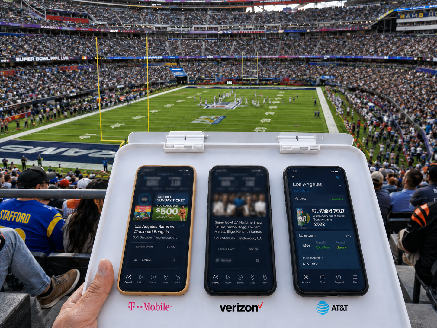 Three-carrier benchmarking board (T-Mobile, Verizon, AT&T) held up over the field at a Super Bowl