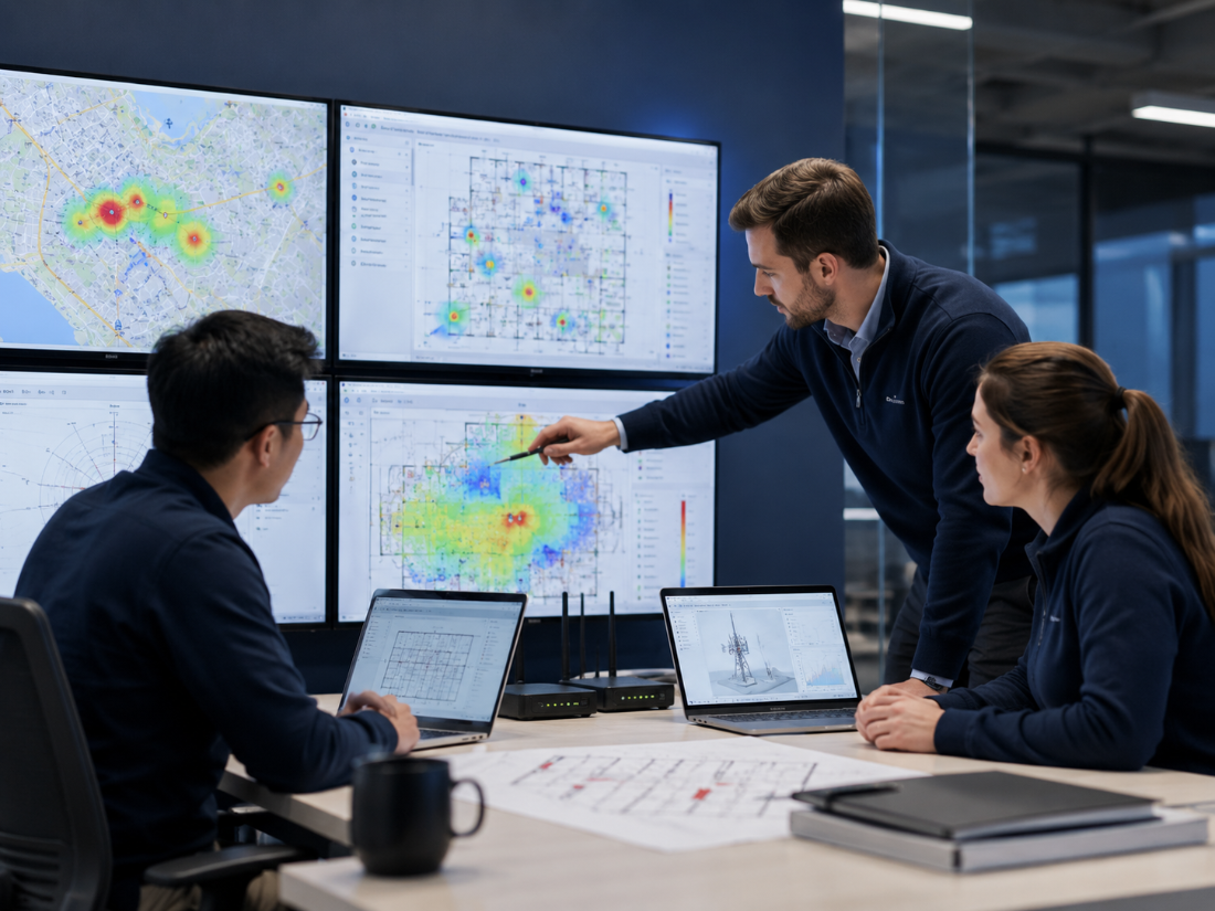 AmeriCloud RF engineers reviewing coverage heatmaps and floor-plan designs on multiple screens