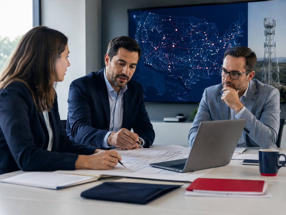 AmeriCloud business development team reviewing a nationwide coverage map with a client