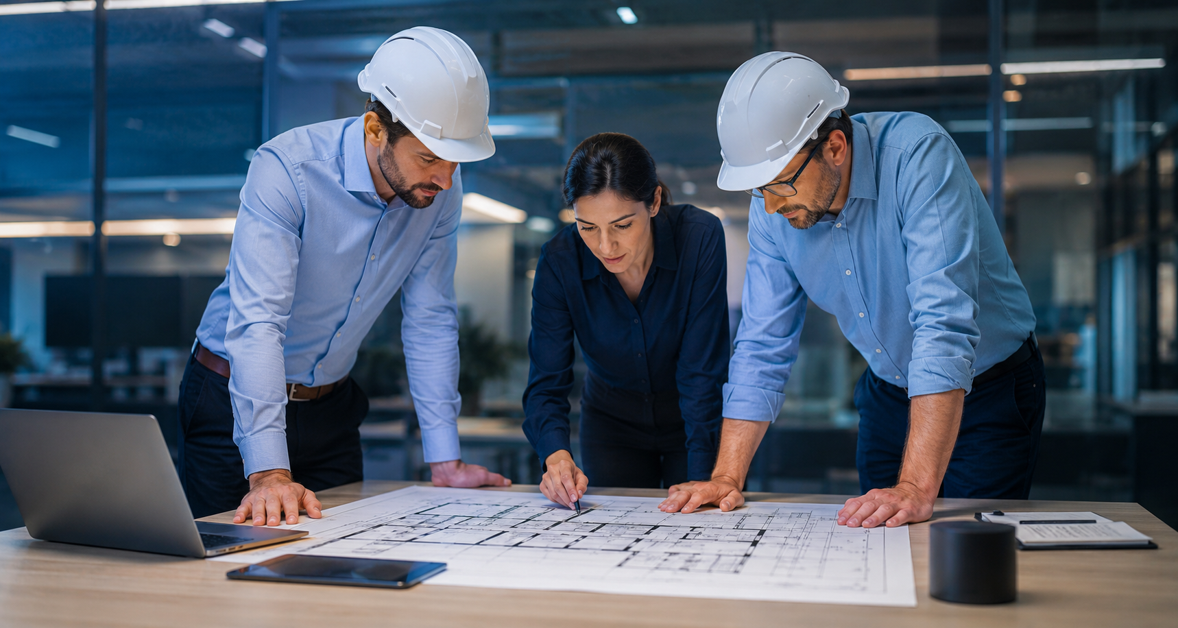 Three professionals in hard hats reviewing building plans over a table in a modern office