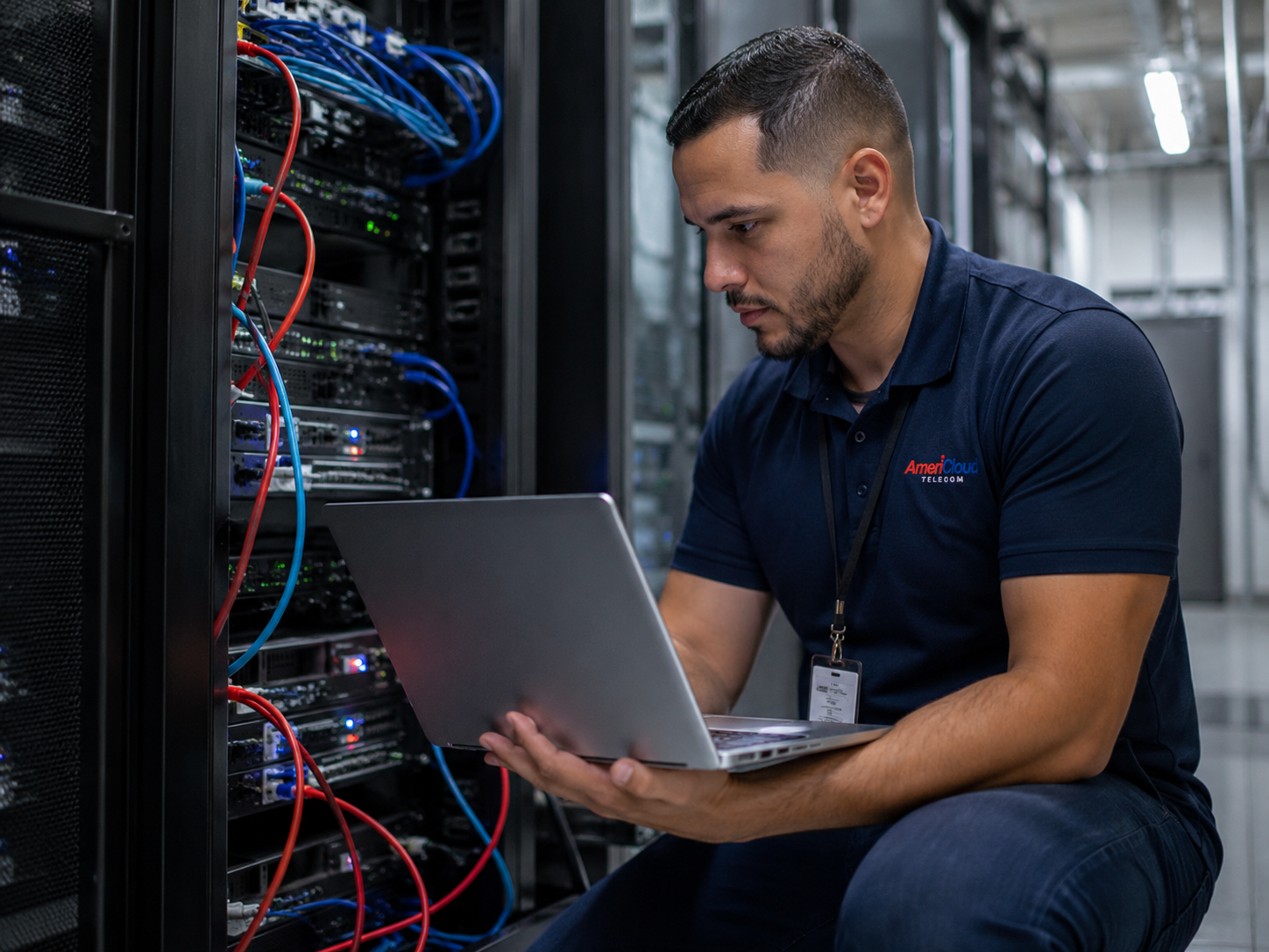 AmeriCloud technician commissioning equipment at a telecom rack threaded with red and blue fiber jumpers