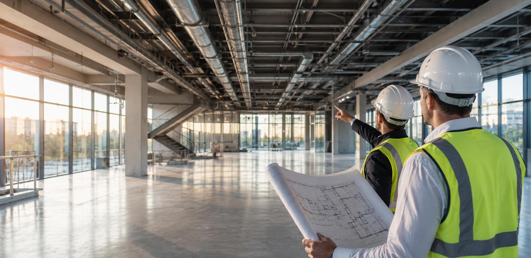 Two AmeriCloud team members in hard hats and hi-vis reviewing building plans inside a bright open construction floor