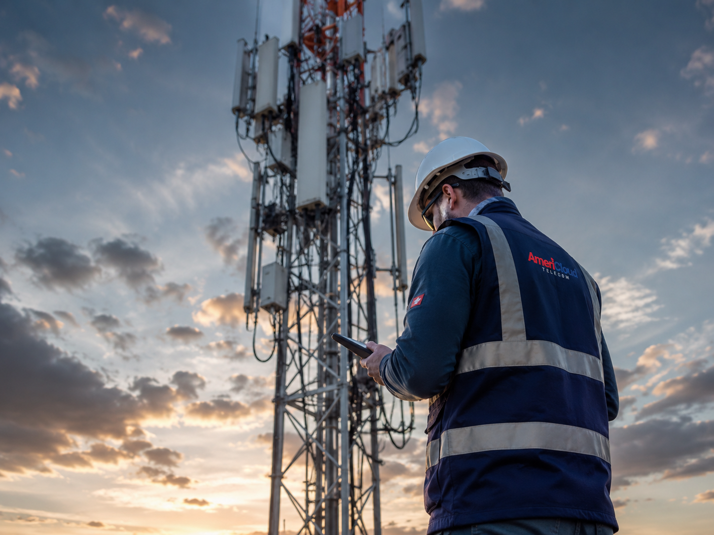 Cellular macro tower with an AmeriCloud engineer inspecting antennas at golden hour