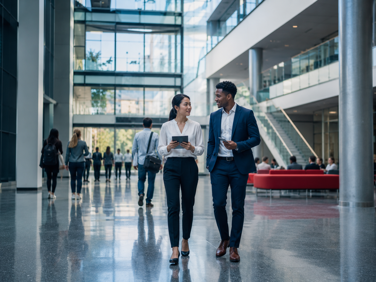 Two professionals walking through a modern corporate atrium