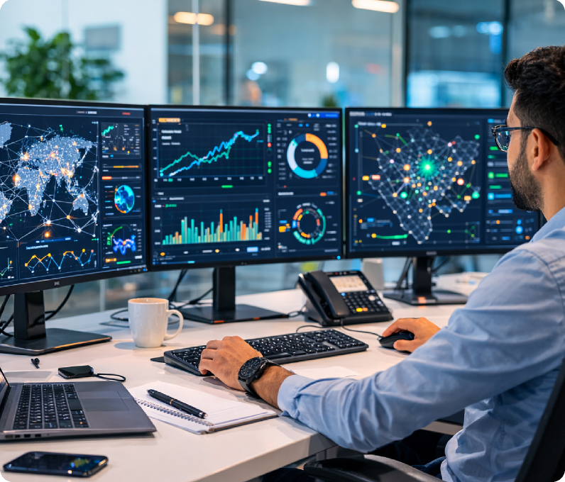 AmeriCloud engineer reviewing network analytics across multiple monitors