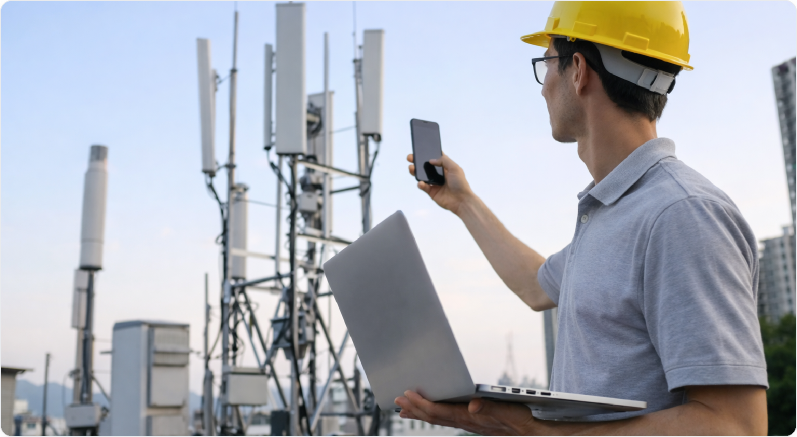 AmeriCloud engineer with a laptop at a rooftop macro tower