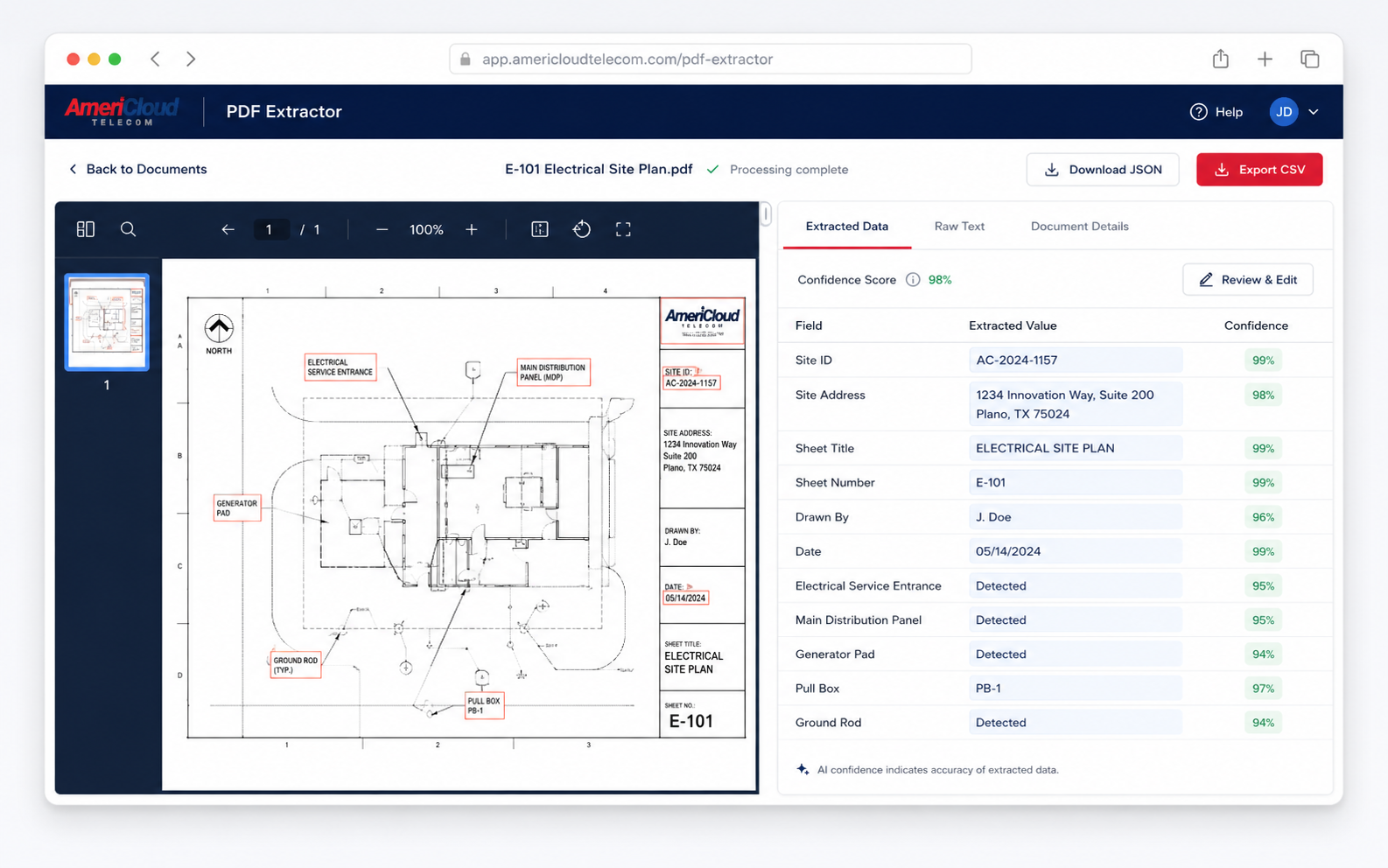 PDF Extractor interface showing an engineering site drawing on the left and auto-extracted structured field data with confidence scores on the right