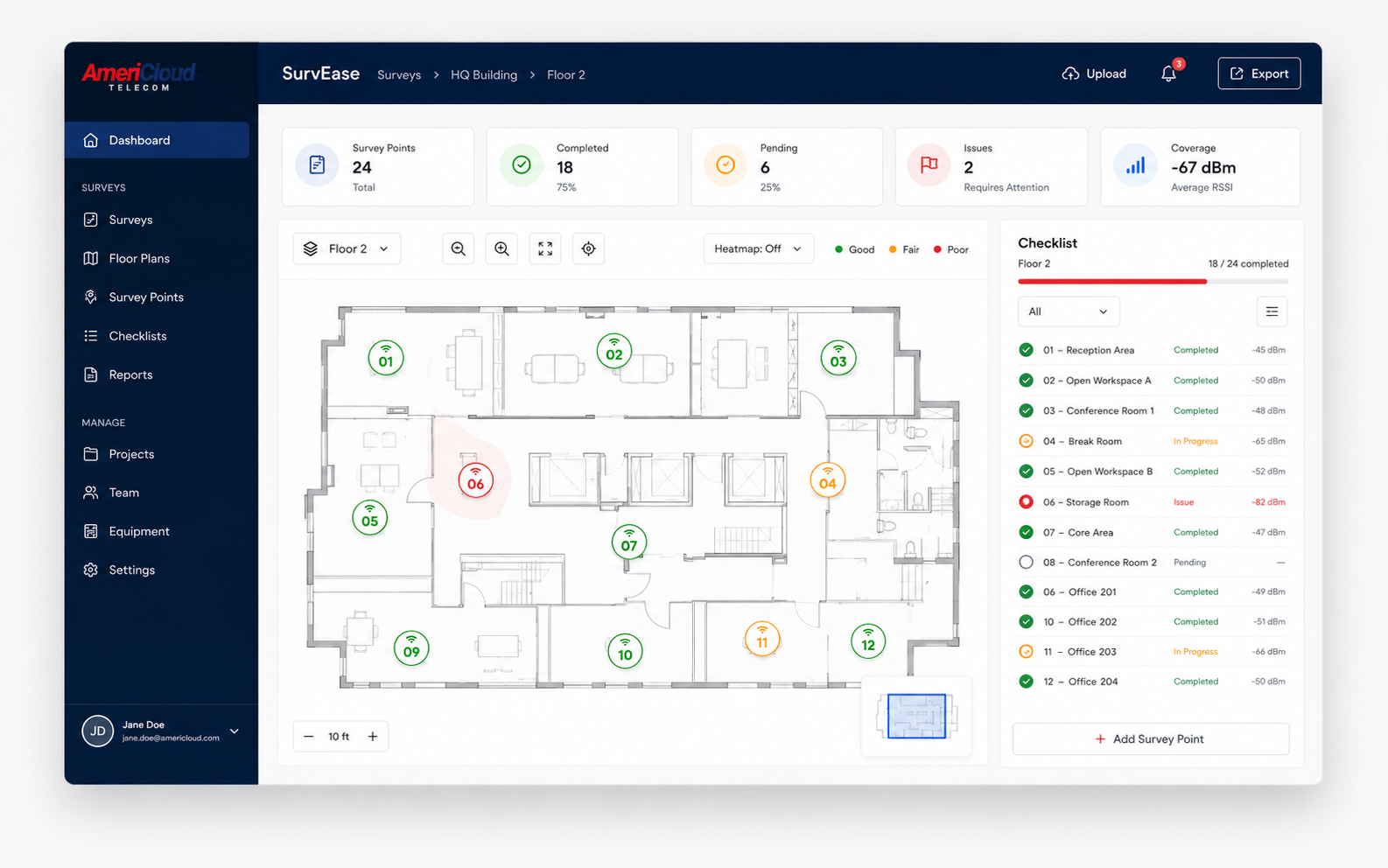 SurvEase digital site-survey dashboard showing a building floor plan, survey points, and a completion checklist