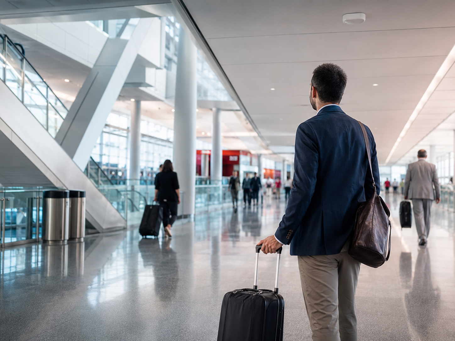 Modern airport concourse with travelers and ceiling-mounted antennas