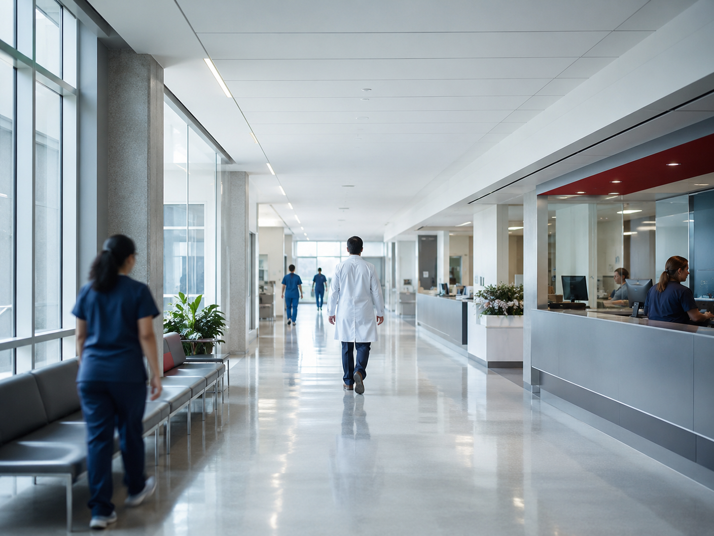 Bright modern hospital corridor with staff